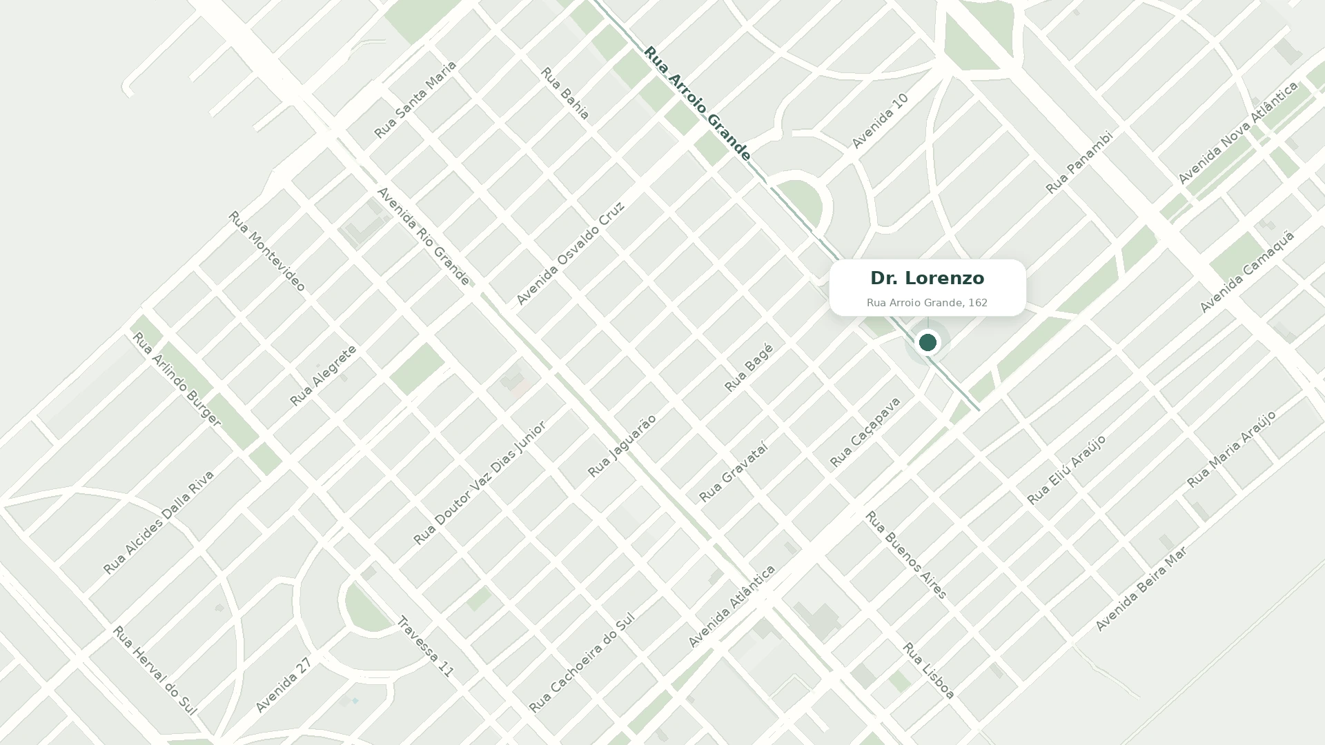 Mapa estático das ruas próximas ao consultório, com pin na Rua Arroio Grande, 162, em Cassino