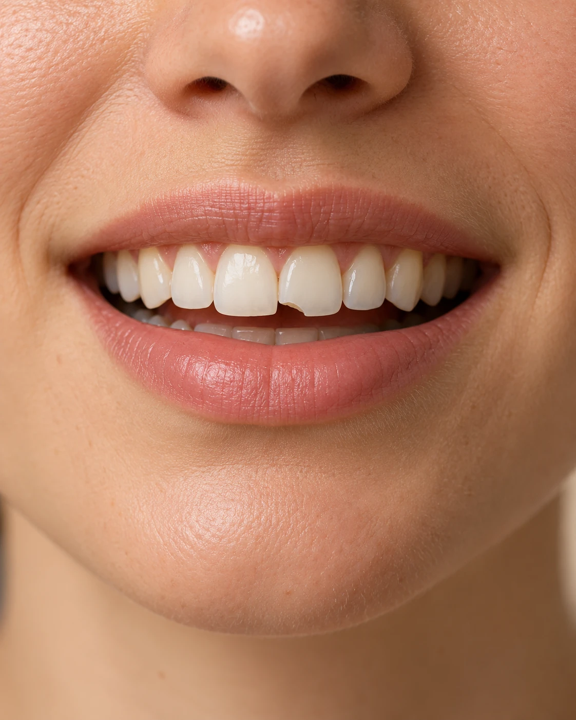 Pequena fratura em um dente anterior, exemplo ilustrativo de traumatismo dentário